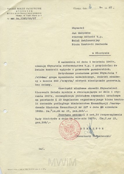 KKE 5616.jpg - Dok. Pismo z Polskich Kolei Państwowych w Olsztynie dla Jana Małyszko dotyczące awansu i zmiany uposażenia zasadniczego, Olsztyn, 16 V 1968 r